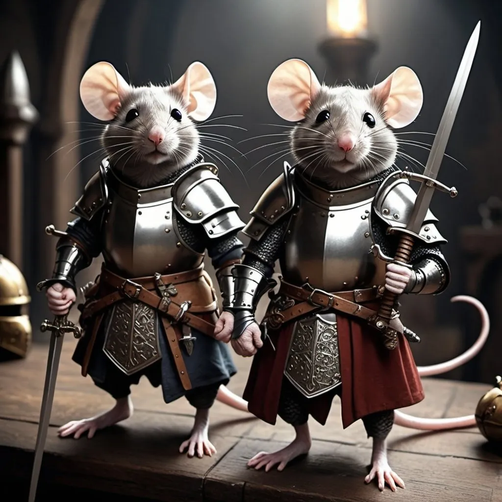 Prompt: Mice, medieval style, armor and swords, dark fantasy