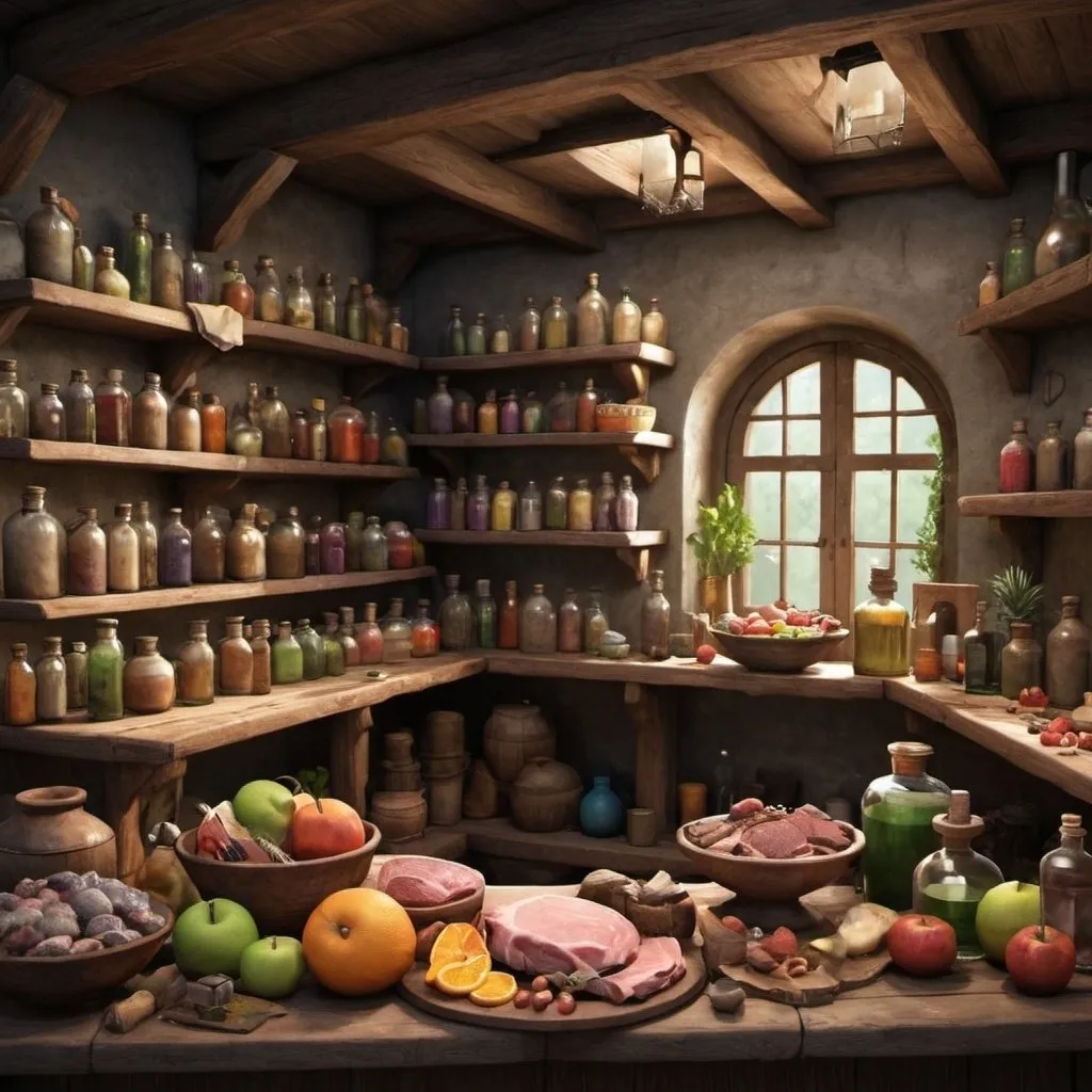 Prompt: replace potions with food, not as many bottles, meats and fruits laying on the counter