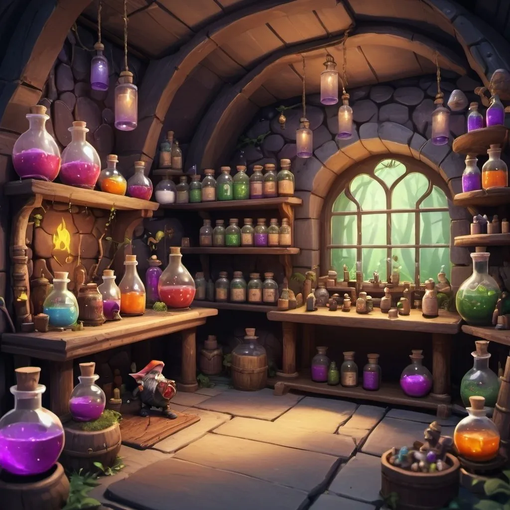 Prompt: potion room with health potions, fantasy style, rest area, gnomes, mice, forest imps