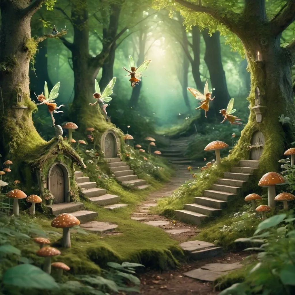 Prompt: Resting place in a green forest, fairies flying around, small woodland animals, fantasy