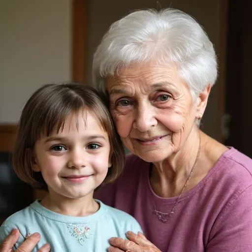 Prompt: A little girl with short hair strands in front of her kind grandmother