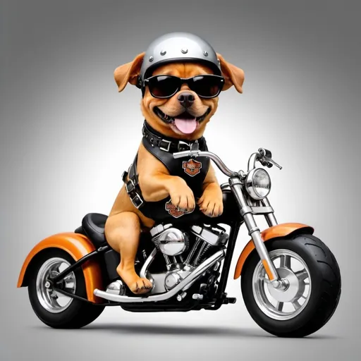 Prompt: Create a design of a dog riding a heavy bike should be animated. Harley davidson bike with a helmet and glasses. Cool dog