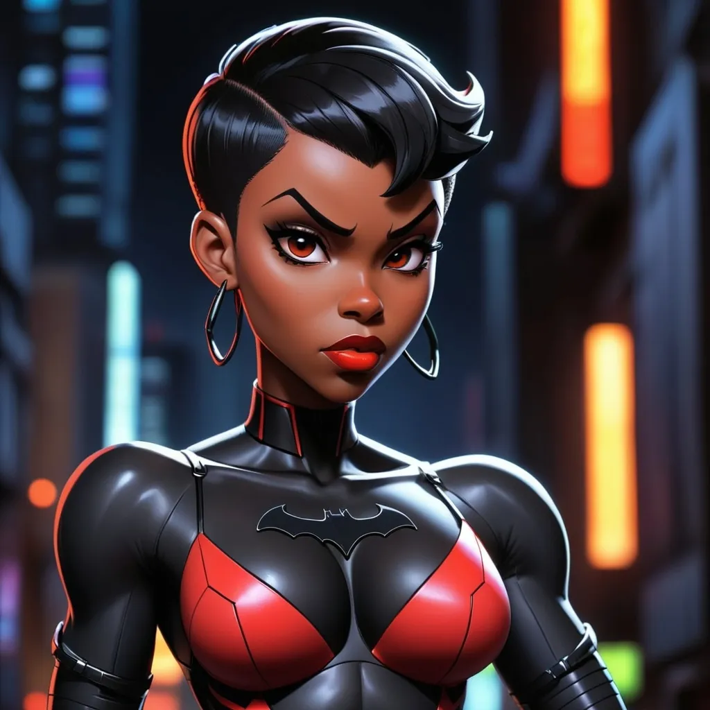 Prompt: Anime cyberpunk style, black woman, bruce timm,HD, dark background, best quality batman beyond, maxine gibson, pixie haircut, bodysuit, 