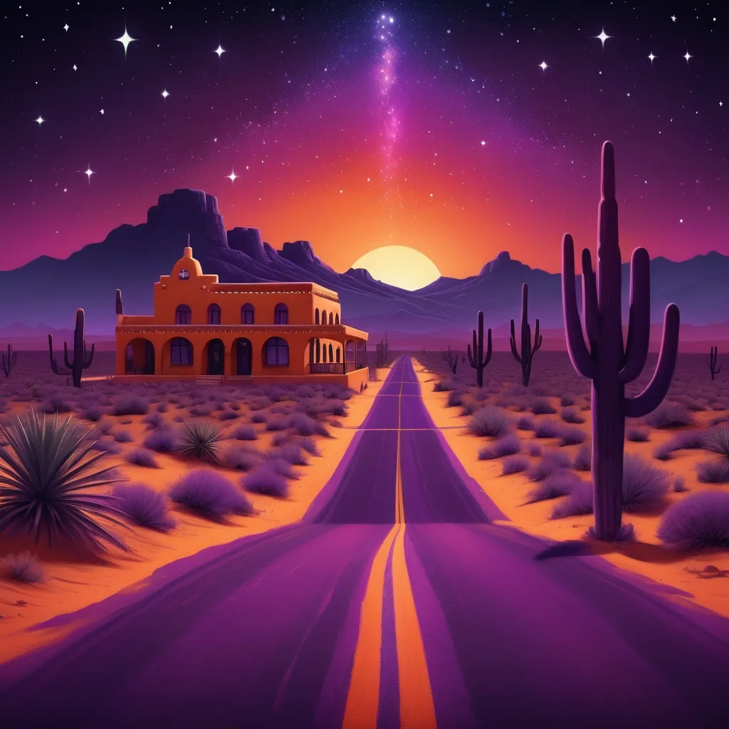 Prompt: A dark purple desert road leading to an old style Mexican hotel with a orange and red skyline with a deep purple starlight background