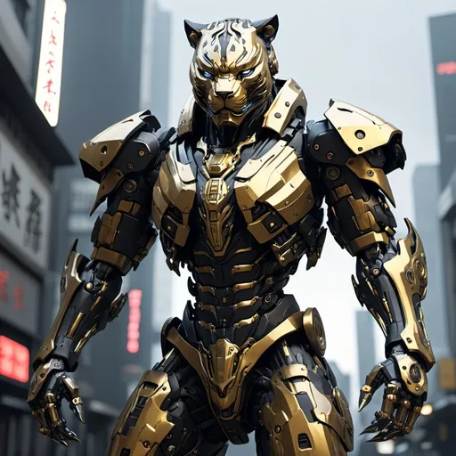 Prompt: Mecha cyberpunk, samurai, full-body, panther, black and gold armor cinematic renderhighly detailed, HD,