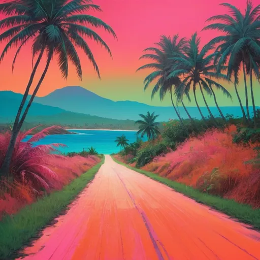 Prompt: A Jamaican country dirt road late summer after with orange sky, blue palm trees, with green 
flIelds and a red-pink ocean view , neon realism style, layered, soft rounded forms, subtle gradient