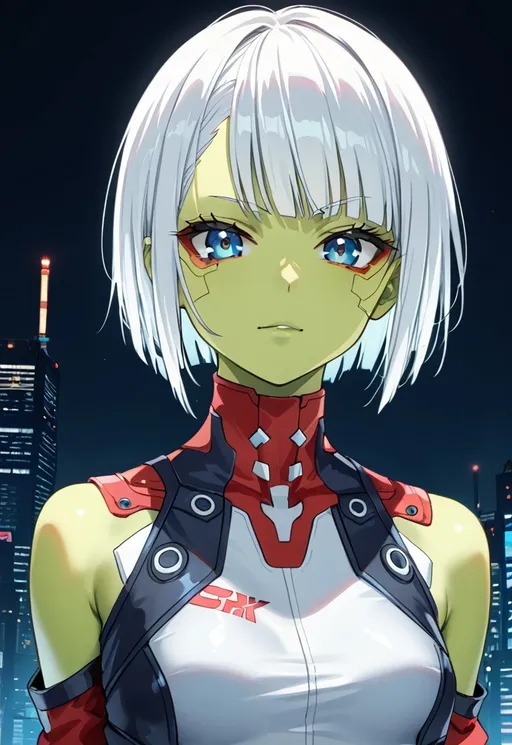 Prompt: Anime, cyberpunk, green skin tone woman, short bob cut, white hair, blue eyes, full-body,punk outfit, red jacket, HD, looking at viewer, confident