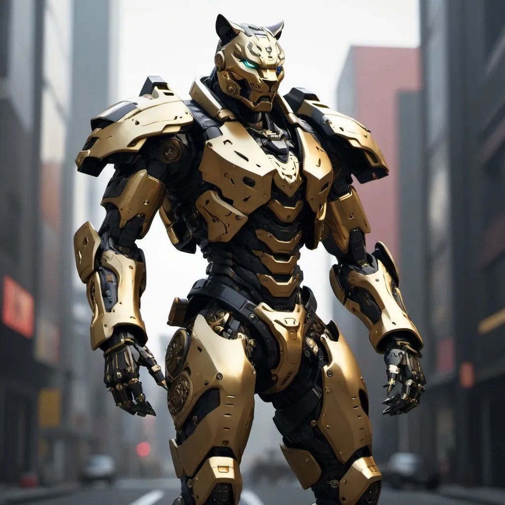 Prompt: Mecha cyberpunk, samurai, full-body, panther, black and gold armor cinematic render