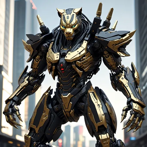 Prompt: Mecha cyberpunk, samurai, full-body, panther, black, gold highlights, electric claws, cinematic renderhighly detailed, HD,