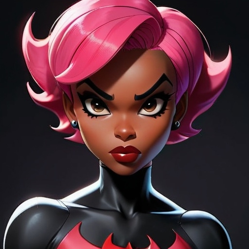 Prompt: Anime , black woman, bruce timm,HD, dark background, best quality, batman beyond, maxine gibson, pink pixie haircut, bodysuit, 