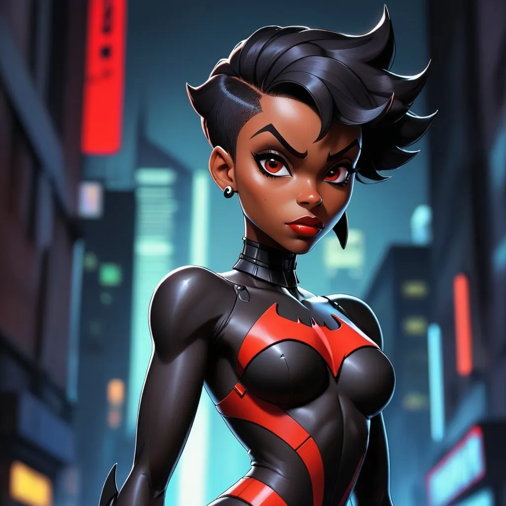 Prompt: Anime cyberpunk style, black woman, bruce timm,HD, dark background, best quality batman beyond, maxine gibson, pixie haircut, bodysuit, 