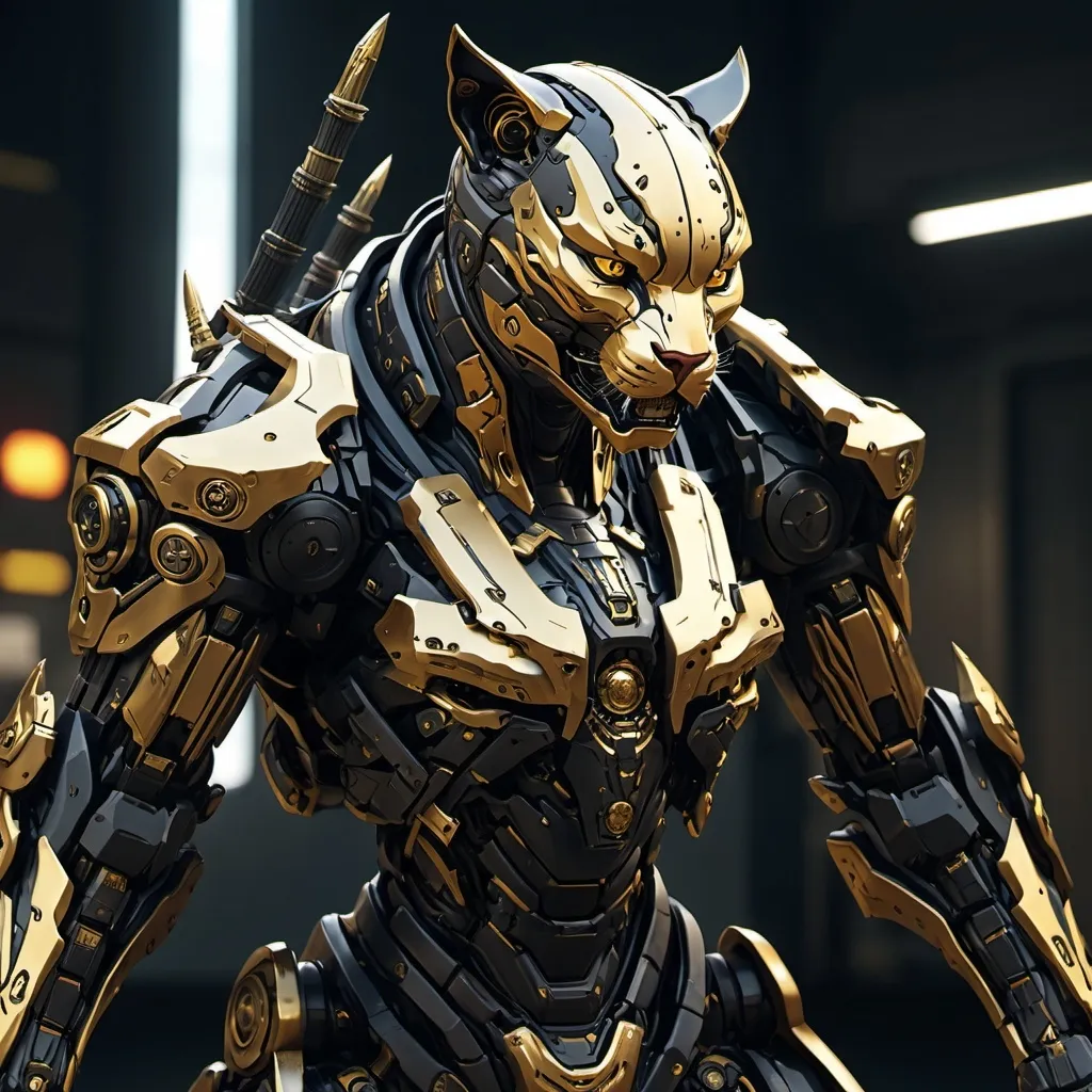 Prompt: Mecha cyberpunk, samurai, full-body, panther, black, gold highlights, electric claws, cinematic renderhighly detailed, HD,