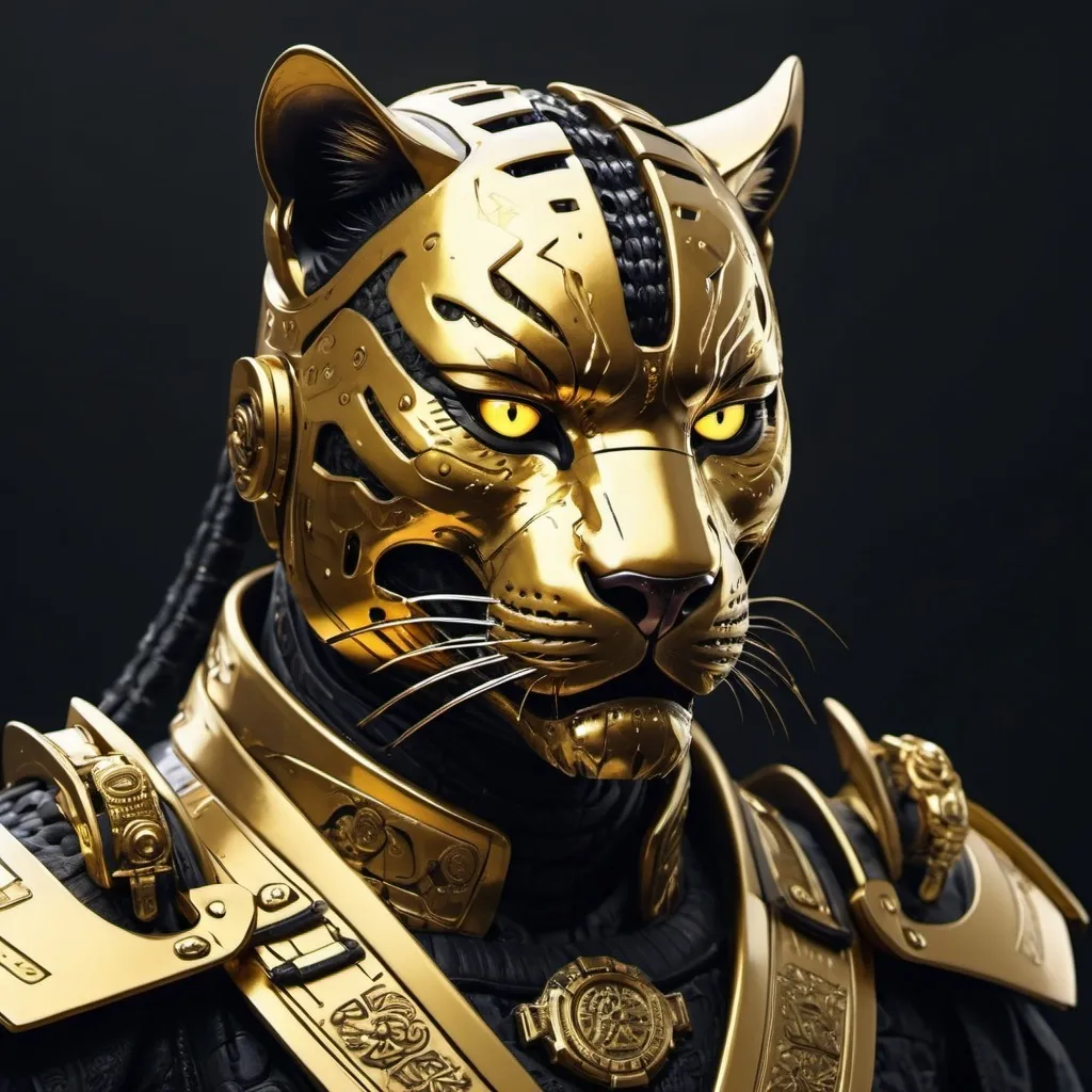 Prompt: Samurai, cyberpunk style, panther, gold color, fierce, warrior