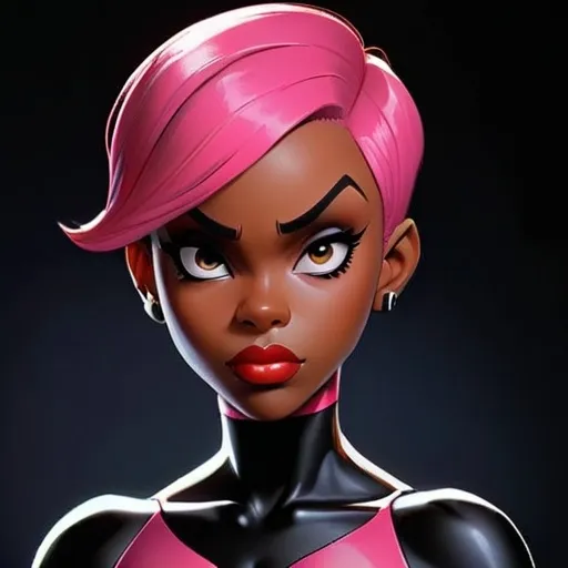 Prompt: Anime , black woman, bruce timm,HD, dark background, best quality, batman beyond, maxine gibson, pink pixie haircut, bodysuit, 