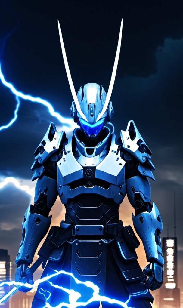 Prompt: Anime ,cyberpunk, shogun, blue color armored, full-body, intense blue electric charges, high quality, HD, white lighting storm background