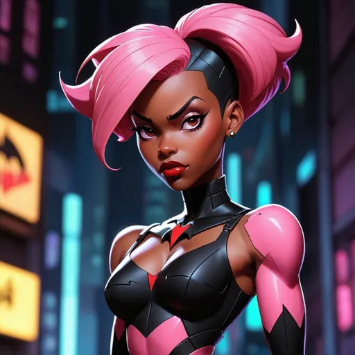 Prompt: Anime cyberpunk style, black woman, bruce timm,HD, dark background, best quality batman beyond, maxine gibson, pink pixie haircut, dress