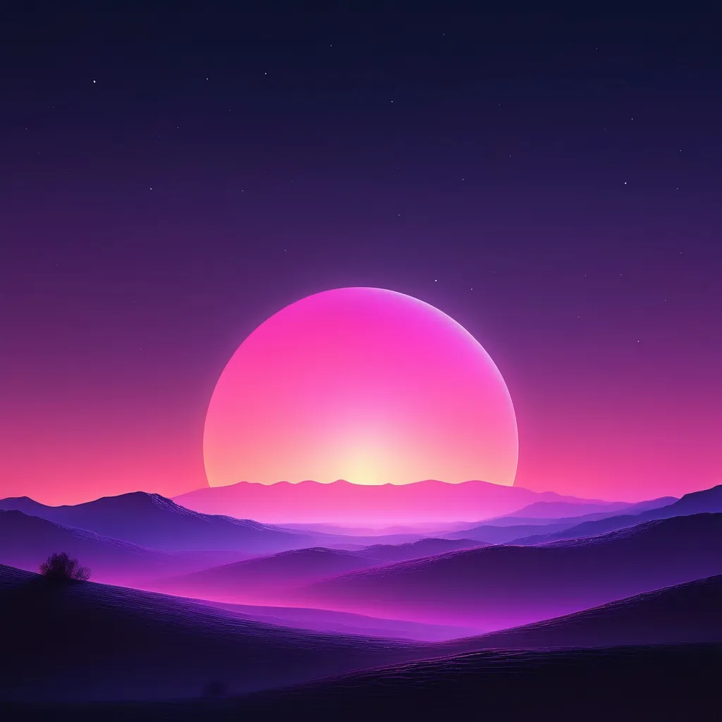 Prompt: A dawn morning sun beginning to arise with a purple-pink star night , neon realism style, layered, soft rounded forms, subtle gradient