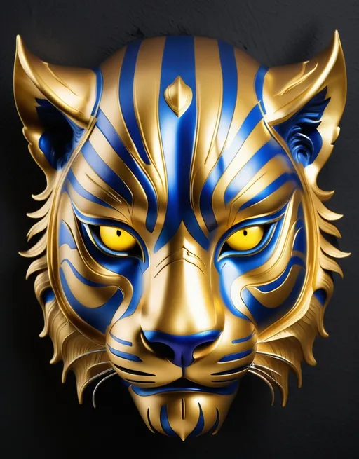 Prompt: A striking golden tiger mask dominates the scene, its metallic surface gleaming with intricate designs that include vibrant blue stripes and piercing yellow eyes. The mask exudes a sense of power and majesty, with sharp features accentuated by carefully crafted detailing, from the finely etched whiskers to the bold outline of its ears. Set against a dark, blurred background that enhances the brilliance of the mask, the artwork conveys a feeling of intensity and fierce elegance, evoking the spirit of the tiger in a modern, stylized representation. The dramatic lighting further highlights the reflective surfaces, creating a captivating contrast that draws the viewer in.