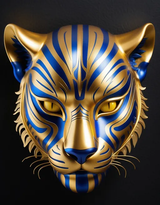 Prompt: A striking golden tiger mask dominates the scene, its metallic surface gleaming with intricate designs that include vibrant blue stripes and piercing yellow eyes. The mask exudes a sense of power and majesty, with sharp features accentuated by carefully crafted detailing, from the finely etched whiskers to the bold outline of its ears. Set against a dark, blurred background that enhances the brilliance of the mask, the artwork conveys a feeling of intensity and fierce elegance, evoking the spirit of the tiger in a modern, stylized representation. The dramatic lighting further highlights the reflective surfaces, creating a captivating contrast that draws the viewer in.