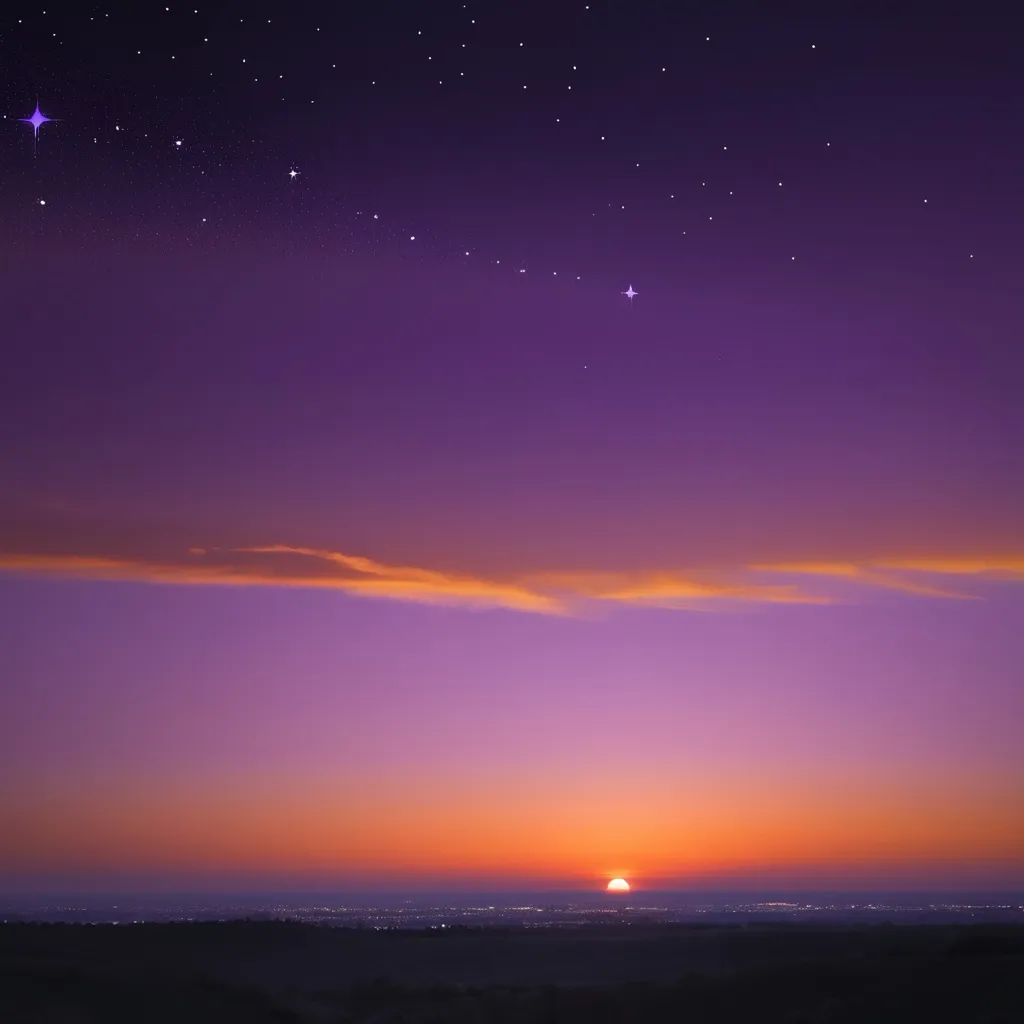 Prompt: Beautiful sunset on an horizon with orange and purple skyline with a few stars in the distance