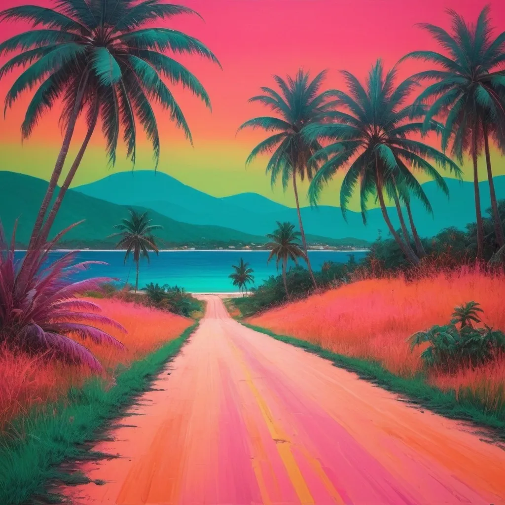 Prompt: A Jamaican country dirt road late summer after with orange sky, blue palm trees, with green 
flIelds and a red-pink ocean view , neon realism style, layered, soft rounded forms, subtle gradient