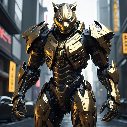 Prompt: Mecha cyberpunk, samurai, full-body, panther, black and gold armor cinematic renderhighly detailed, HD,