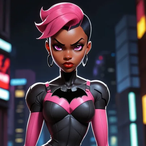 Prompt: Anime cyberpunk style, black woman, bruce timm,HD, dark background, best quality batman beyond, maxine gibson, pink pixie haircut, dress