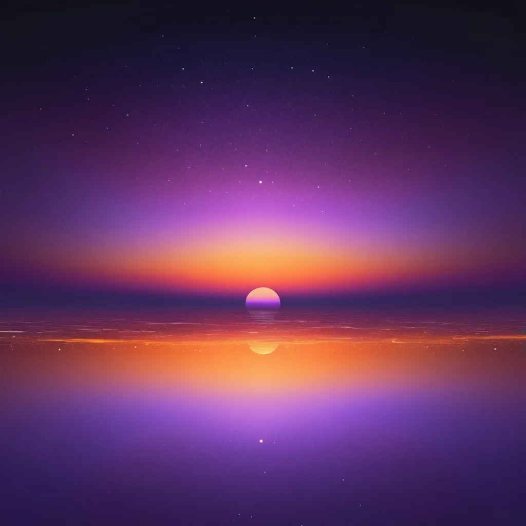 Prompt: Beautiful sunset on an horizon with orange and purple skyline with a few stars in the distance