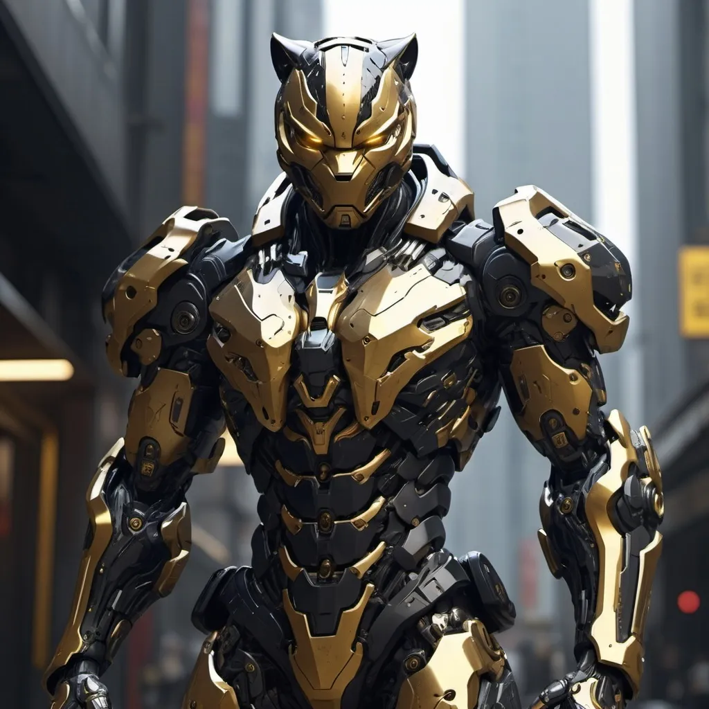 Prompt: Mecha cyberpunk, ninja, full-body, panther, black and gold armor cinematic renderhighly detailed, HD,