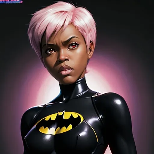 Prompt: Anime , black woman, bruce timm,HD, dark background, best quality, batman beyond, maxine gibson, pink pixie haircut, bodysuit, 