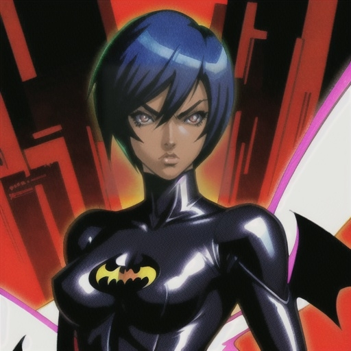 Prompt: Anime cyberpunk style, black woman, bruce timm,HD, dark background, best quality batman beyond, maxine gibson, pixie haircut, bodysuit, 