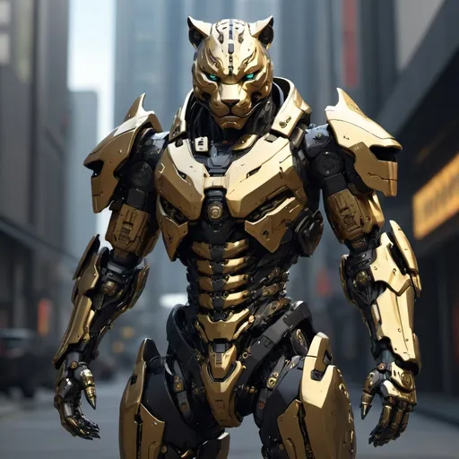 Prompt: Mecha cyberpunk, samurai, full-body, panther, black and gold armor cinematic render