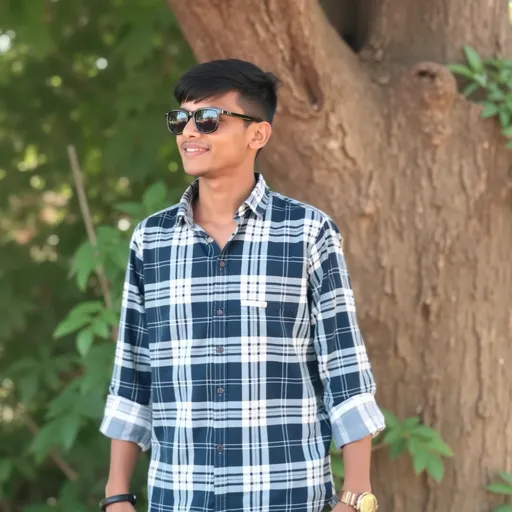 Prompt: Standing casually against a backdrop of vibrant greenery, a young man exudes a relaxed yet confident demeanor, dressed in a navy and white plaid shirt with rolled-up sleeves. His sunglasses reflect a hint of the outdoor setting, suggesting a bright day. Sunlight filters through the leaves, casting a soft glow on his face, highlighting his subtle smile and thoughtful expression. The surrounding tree trunk, sturdy and textured, anchors the scene, while the lush foliage adds depth and life, conveying a laid-back, idyllic atmosphere.