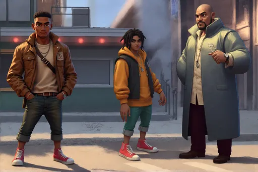 Prompt: @40nsjcWVTrNnB7oooVBL @eaweQ5LH9JSvmsMpvG3p The Return of JD (Kansas City, Present)Setting: A smoky bar or quiet street corner.Details:JD arrives in Kansas City, meeting Monte, his cousin’s trusted friend. Monte is a solo operator, well-informed, and respected. He introduces JD to UNC, a legendary figure who only deals in guns and weed—no other drugs. UNC is both feared and respected. Monte warns JD about who to trust and who to avoid in the city.Character Attire:JD:JD wears a dark, well-worn leather jacket over a fitted black hoodie, slim black jeans, and scuffed boots. He has a silver chain around his neck and a black baseball cap pulled low, giving him a guarded, streetwise presence.Monte:Monte is dressed in a tailored, dark gray trench coat over a crisp white shirt and black slacks. His shoes are polished, and he wears a simple silver watch, signaling both style and a sharp eye for detail.UNC:UNC sports an old-school leather vest over a long-sleeve flannel shirt, faded blue jeans, and heavy work boots. He wears a gold tooth and a thick silver chain, exuding the aura of a veteran street legend.