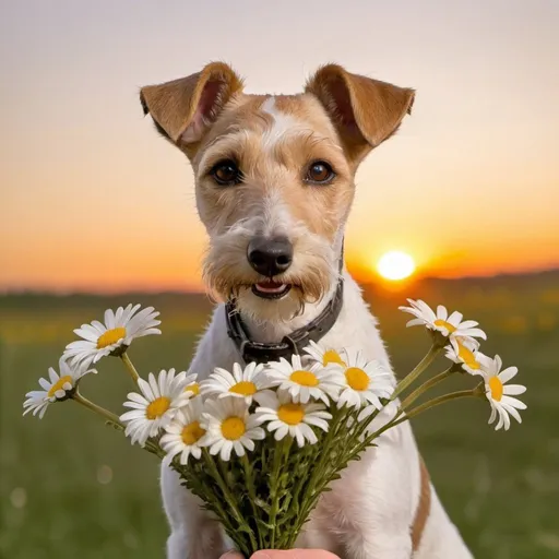 Prompt: A blonde fox terrier dog holding a bouquet of daisies at sunset
