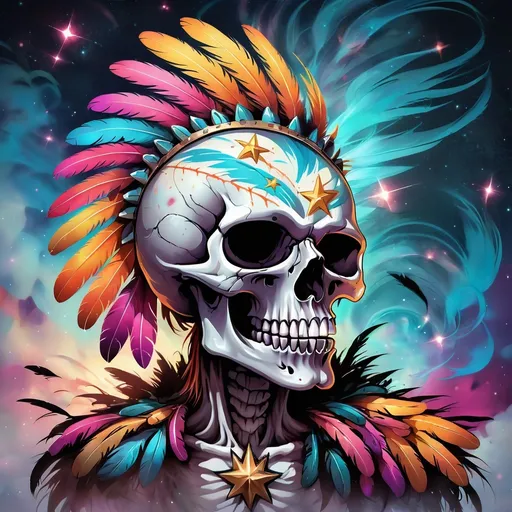 Prompt: Colorful graffiti illustration of an very aggressive looking skull with feathers rising up from behind the skull, background is moonlight with radiant stars