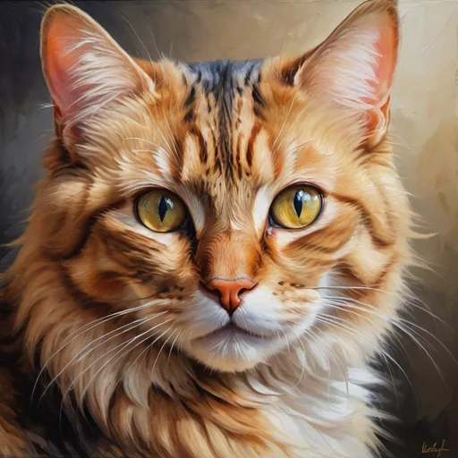 Prompt: Beautiful oil painting of a cat, realistic fur texture, vibrant colors, high quality, oil painting, realistic, vibrant colors, detailed fur, lifelike eyes, classic art style, warm lighting
