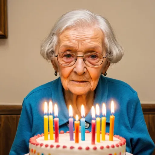 Prompt: old lady in front of birthday cake with 100 candles
