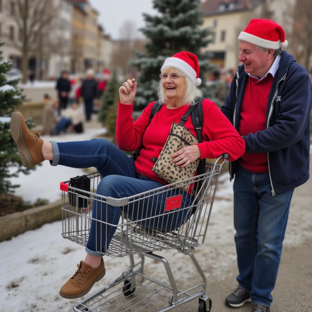 Prompt: The female is sitting in a shopping trolley with a santa hat on laughing merrily, kicking her legs up in the air. The male is running behind pushing the trolley also wearing a Santa hat . It is a European christmas scene with snow, christmas trees and tinsel.