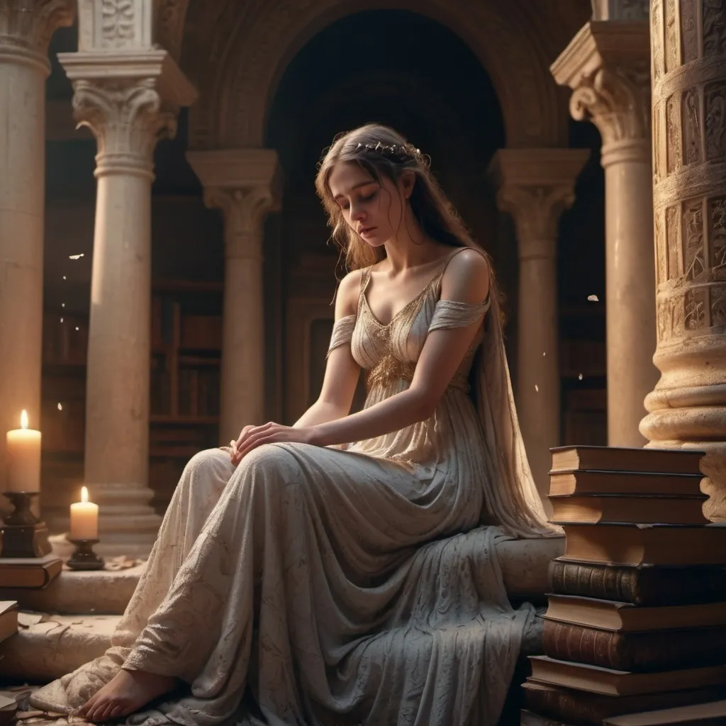 Prompt: (crying goddess) alone sitting on a pile of books, ethereal and divine, delicate tears streaming down her face, anguished expression, radiant flowing gown, soft warm light illuminating the scene, dreamy and mystical atmosphere, ancient texts and manuscripts scattered around, detailed background with ornamental columns and arches, melancholic mood, ultra-detailed, 4K, high contrast colors, intricate patterns and textures, cinematic masterpiece.