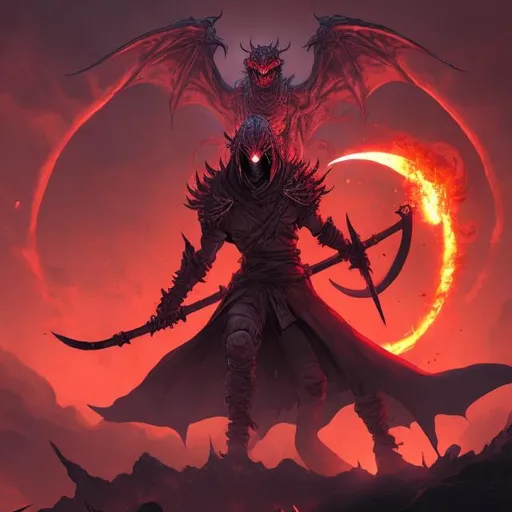 Prompt: Assassin with a scythe
 smoke around him 
in an abended building 
A blood moon in thy sky 
A dragon on the moon
volcano in the background
space
thot
lava
tentacles
magma 
wolf
purple





