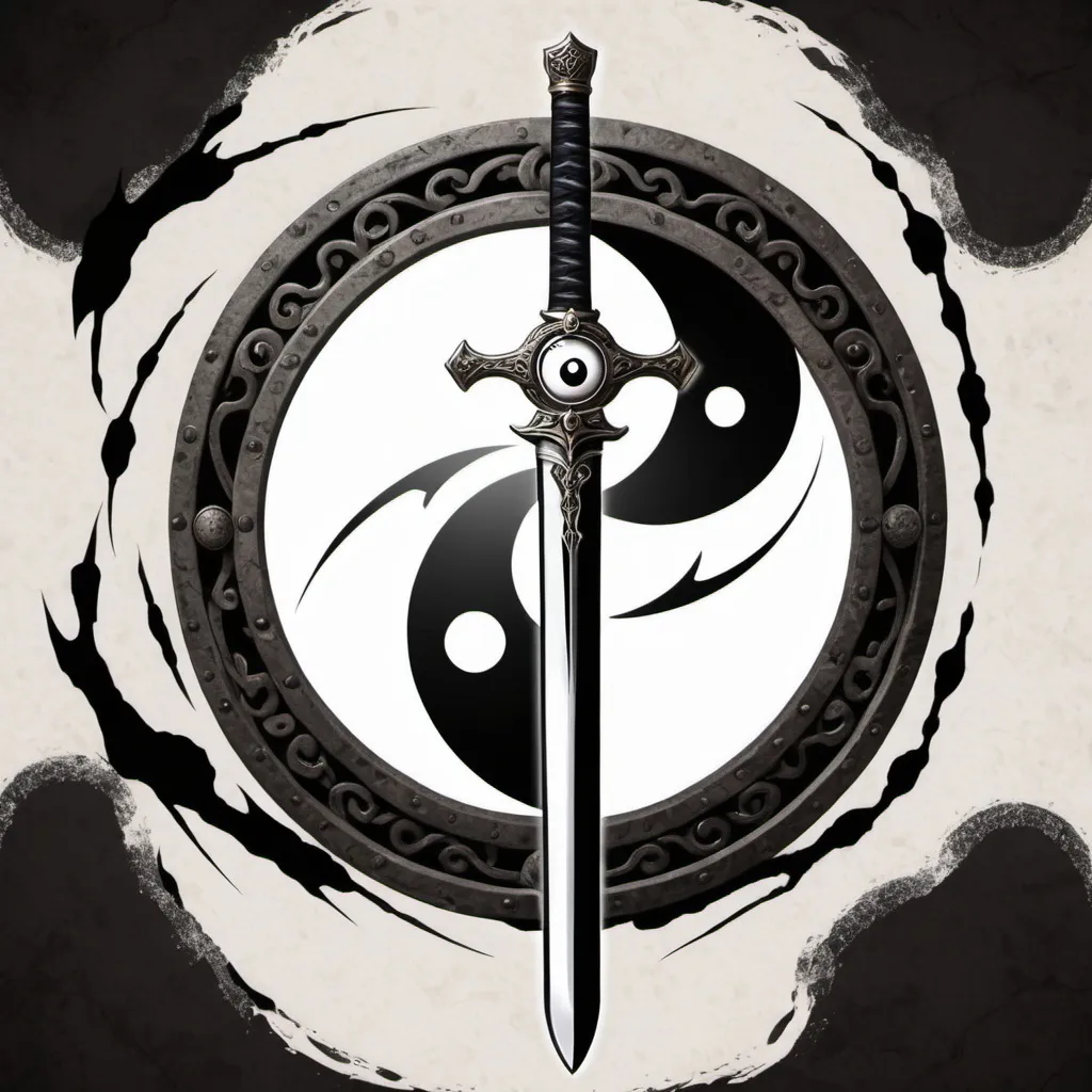 Prompt: anime styled sword with an eye in the cross guard  
Ying yang background 