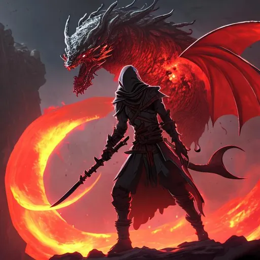 Prompt: Assassin with a scythe
 smoke around him 
in an abended building 
A blood moon in thy sky 
A dragon on the moon
volcano in the background
space
thot
lava
tentacles
magma 
wolf head













