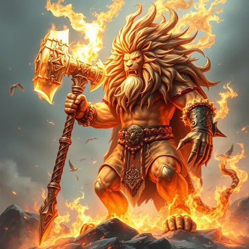 Prompt: a lion man, with transcendent power, and has a giant Warhammer, clothed in white fire, white fire