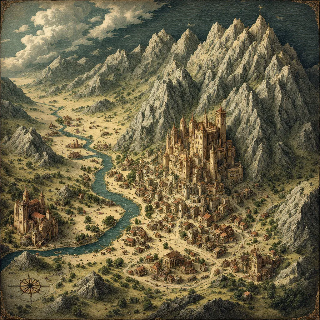 Prompt: Give  me a  old  looking map with  a  small  wind rose. The  will  have  a mountains running down  the  cinter . They are  called the lasation mountains . On the north  side  of the mountains is the kingdom  Marick and  on the south side  of the mountains  is  the kingdom of Duchaine  . The  black river  runs threw the great  mountains and into  Duchaine.  To the  west  is the  ruined  city  Of Ricknorerack 