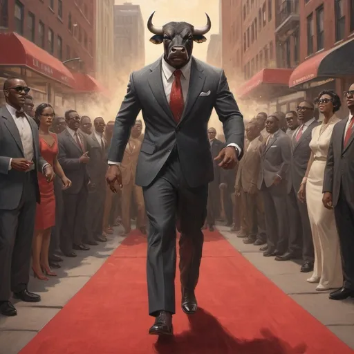 Prompt: Bull wearing suit getting out from limuzine with black glasses on red carpet and crowd in background  Dong Kingman, harlem renaissance, professional digital painting, concept art