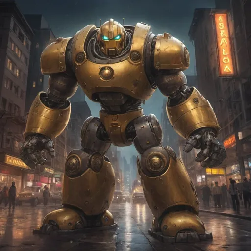 Prompt: Blitzcrank, the Steam-Powered Titan, charges through a bustling metropolis, his metallic frame gleaming in the city lights. With gears whirring and steam billowing from his joints, he extends his mighty mechanical fist, crackling with electricity, ready to snatch up any who disrupt the peace. Behind him, skyscrapers rise into the night sky, their windows reflecting the neon glow of the bustling streets below. Amidst the urban chaos, Blitzcrank stands as a vigilant protector, ever watchful for those in need of his mechanical justice."