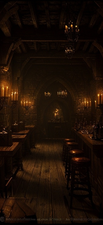 Prompt: Dark medieval tavern interior, gothic architecture, candlelit ambiance, bottles and wooden furniture, fantasy RPG setting, oil painting style, cinematic lighting, baroque shadows without subtitles 