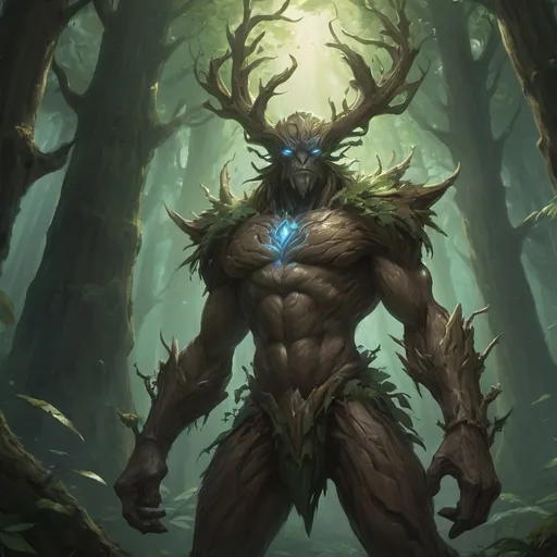 Prompt: Amidst the ancient forest, Maokai, the treant guardian, stands tall, his eyes glowing with nature's fury as he protects the sacred grove from encroaching darkness. Capture the essence of Maokai's vigilance and power in his splash ar