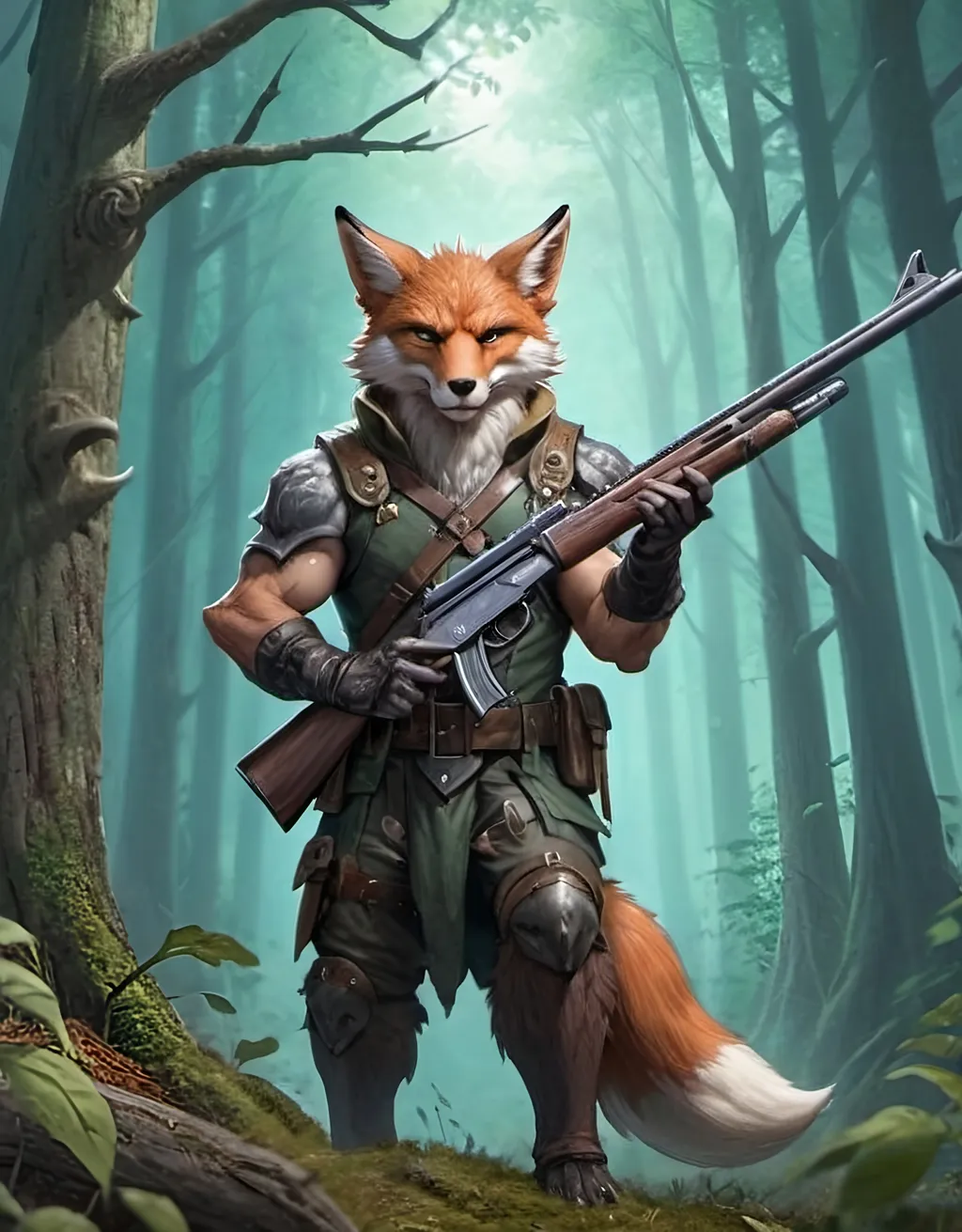 Prompt:  fox which is a hunter holdingshooting rifle in a forest with trees in the background and, Ed Binkley, fantasy art, fantasy artwork, a digital rendering